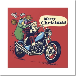 Retro Santa Claus on a Motorcycle Posters and Art